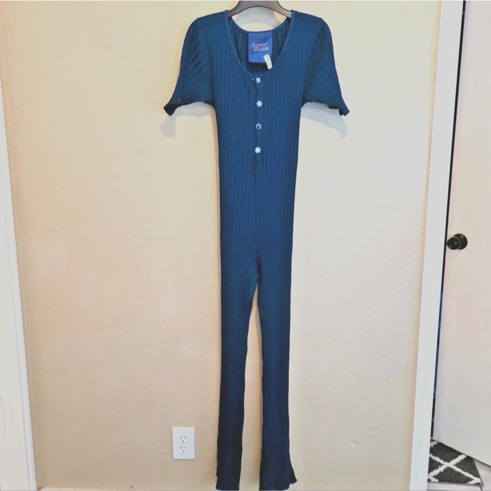 Simon Miller Ribbed Button Front Short Sleeve Jumpsuit Tie Back Flare Leg Teal